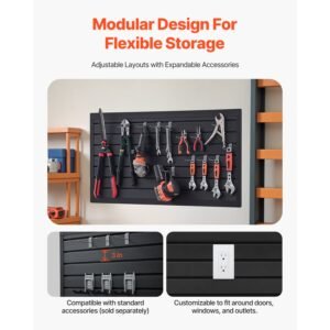 slat wall paneling, 2 x 4 ft, pvc garage slatwall with modular design, black slat wall easy to install adjustable slatwall panel with coupling structure & diy cutting, fits for storage & display