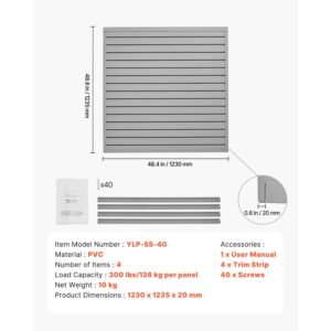 slat wall paneling, 4 x 4 ft, pvc garage slatwall with modular design, grey slat wall easy to install adjustable slatwall panel with coupling structure & diy cutting, fits for storage & display