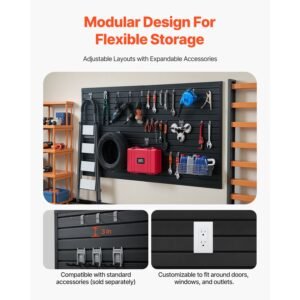 slat wall paneling, 8 x 4 ft, pvc garage slatwall with modular design, black slat wall easy to install adjustable slatwall panel with coupling structure & diy cutting, fits for storage & display