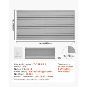 slat wall paneling, 8 x 4 ft, pvc garage slatwall with modular design, grey slat wall easy to install adjustable slatwall panel with coupling structure & diy cutting, fits for storage & display
