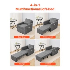 sleeper sofa bed, convertible sleeper bed with side pocket, pillow, armrest and desk board, 5 adjustable angles backrest, single pull out sofa couch with 2 wheels and bottom storage, gray