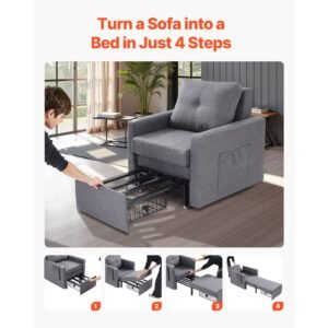 sleeper sofa bed, convertible sleeper bed with side pocket, pillow, armrest and desk board, 5 adjustable angles backrest, single pull out sofa couch with 2 wheels and bottom storage, gray