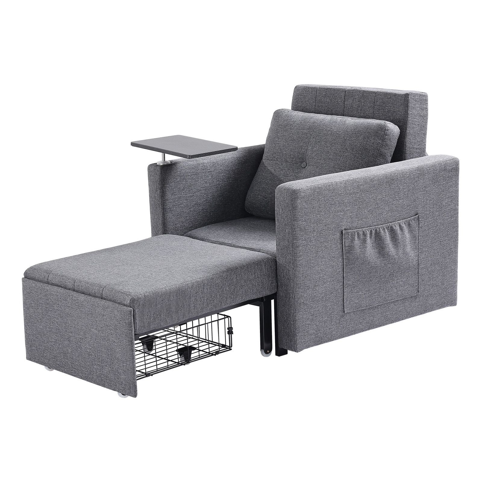 sleeper sofa bed, convertible sleeper bed with side pocket, pillow, armrest and desk board, 5 adjustable angles backrest, single pull out sofa couch with 2 wheels and bottom storage, gray