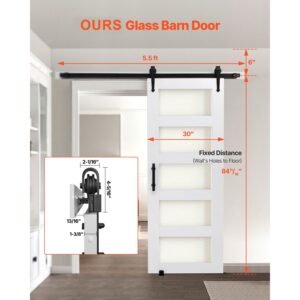 sliding barn door, 30 x 84 inch, high strength mdf panel and glass, barn door with hardware kit, water proof pvc surface, easy to install, h frame, smoothly and quietly sliding for living room