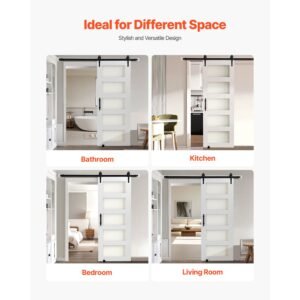 sliding barn door, 30 x 84 inch, high strength mdf panel and glass, barn door with hardware kit, water proof pvc surface, easy to install, h frame, smoothly and quietly sliding for living room