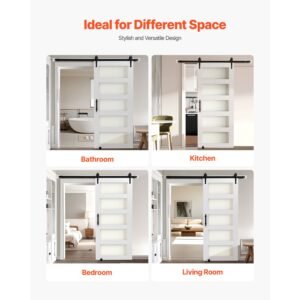 sliding barn door, 36 x 84 inch, high strength mdf panel and glass, barn door with hardware kit, water proof pvc surface, easy to install, h frame, smoothly and quietly sliding for living room