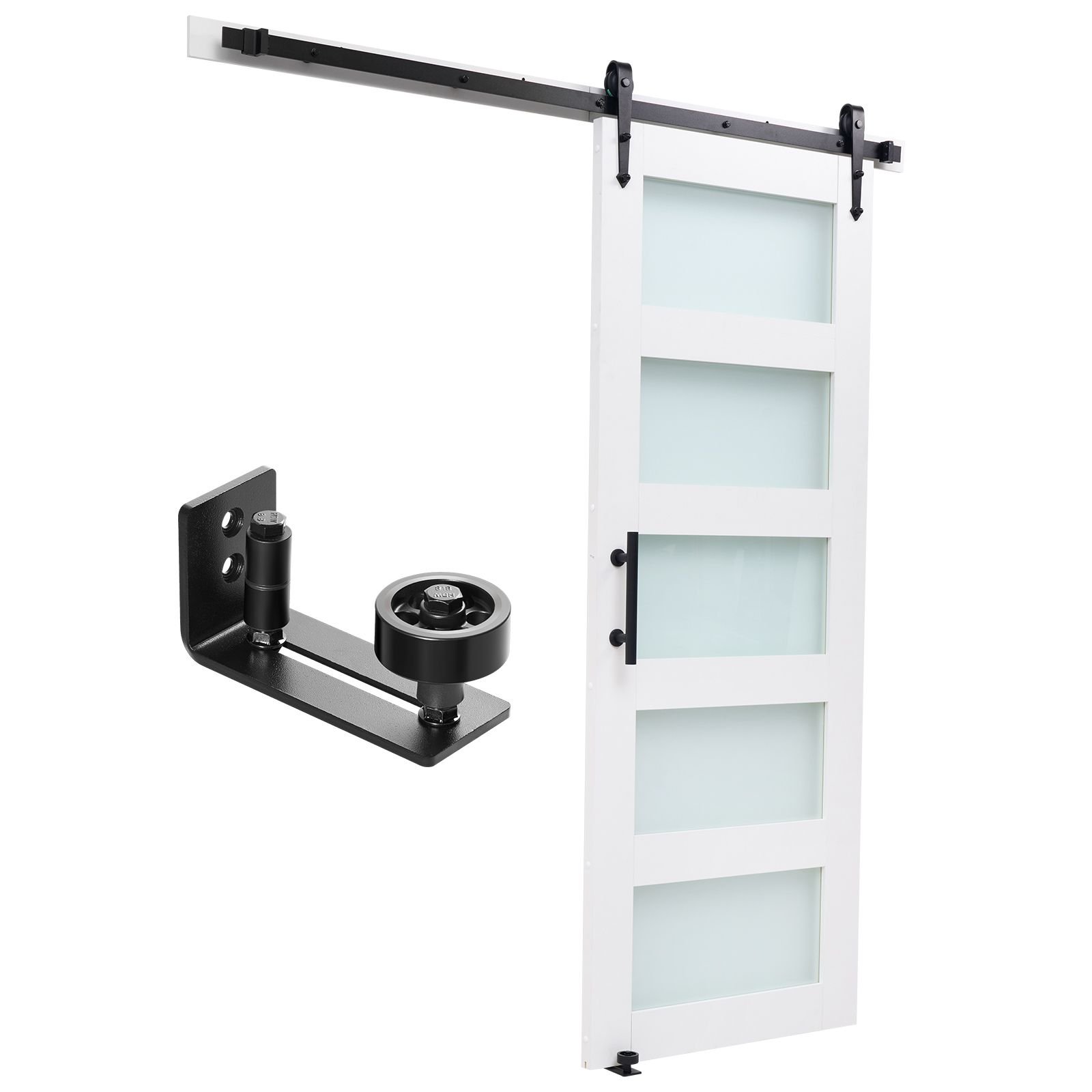 sliding barn door, 36 x 84 inch, high strength mdf panel and glass, barn door with hardware kit, water proof pvc surface, easy to install, h frame, smoothly and quietly sliding for living room
