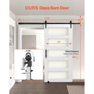 sliding barn door, 42 x 84 inch, high strength mdf panel and glass, barn door with hardware kit, water proof pvc surface, easy to install, h frame, smoothly and quietly sliding for living room