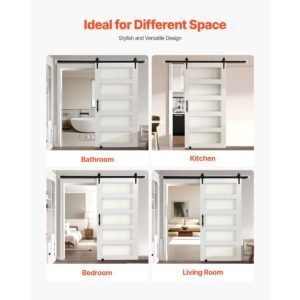 sliding barn door, 42 x 84 inch, high strength mdf panel and glass, barn door with hardware kit, water proof pvc surface, easy to install, h frame, smoothly and quietly sliding for living room