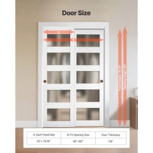 sliding closet door, 48" (double 25") x 80", 5 lite frosted glass bypass sliding doors with hardware kit & floor guide, solid wood & mdf slab with waterproof pvc surface for closets bedrooms