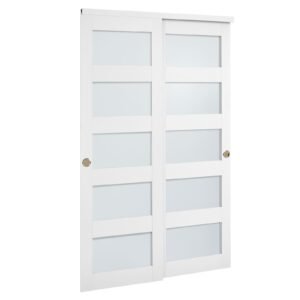 Sliding Closet Door, 48" (Double 25") x 80", 5-Lite Frosted Glass Bypass Sliding Doors with Hardware Kit & Floor Guide, Solid Wood & MDF Slab with Waterproof PVC Surface for Closets Bedrooms