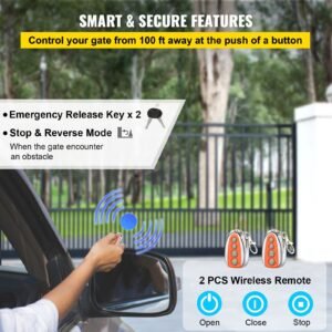 sliding gate opener, ac1400 3100lbs, with 2 remote controls, gate operator hardware kit for security, move speed 43ft per min, electric rolling driveway slide gate motor