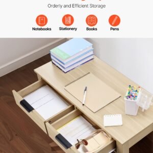 small desk with drawers, kids desk for bedroom, modern simple study table for drawing, reading, writing, rectangle mdf furniture study storage table for home, office, light wood