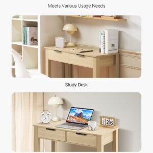 small desk with drawers, kids desk for bedroom, modern simple study table for drawing, reading, writing, rectangle mdf furniture study storage table for home, office, light wood