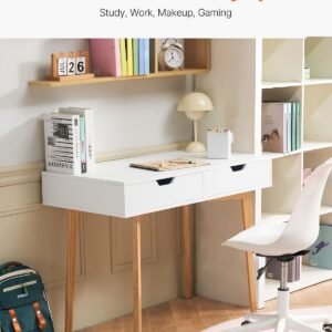 small desk with drawers, kids desk for bedroom, wooden simple study table for drawing, reading, writing, rectangle mdf furniture study storage table for home, office, white + wood