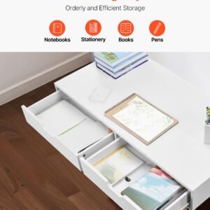 small desk with drawers, kids desk for bedroom, wooden simple study table for drawing, reading, writing, rectangle mdf furniture study storage table for home, office, white + wood