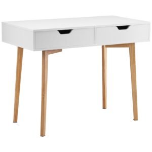 Small Desk with Drawers, Kids Desk for Bedroom, Wooden Simple Study Table for Drawing, Reading, Writing, Rectangle MDF Furniture Study Storage Table for Home, Office, White + Wood