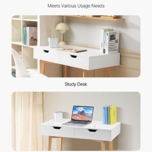 small desk with drawers, kids desk for bedroom, wooden simple study table for drawing, reading, writing, rectangle mdf furniture study storage table for home, office, white + wood