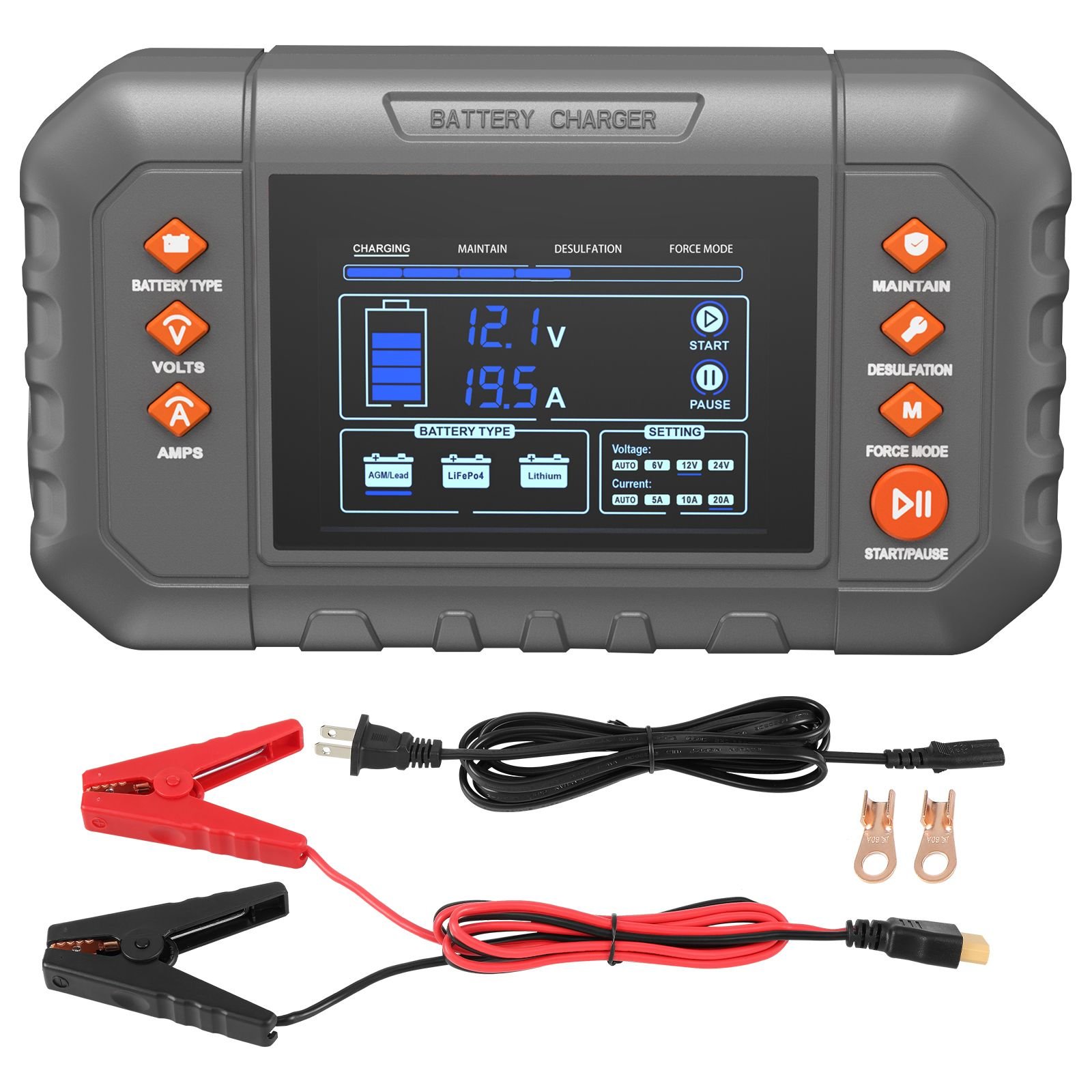 smart battery charger, 20 amp, lithium lifepo4 lead acid (agm / gel / sla) car battery charger with lcd display, trickle charger maintainer desulfator for boat motorcycle lawn mower deep cycle