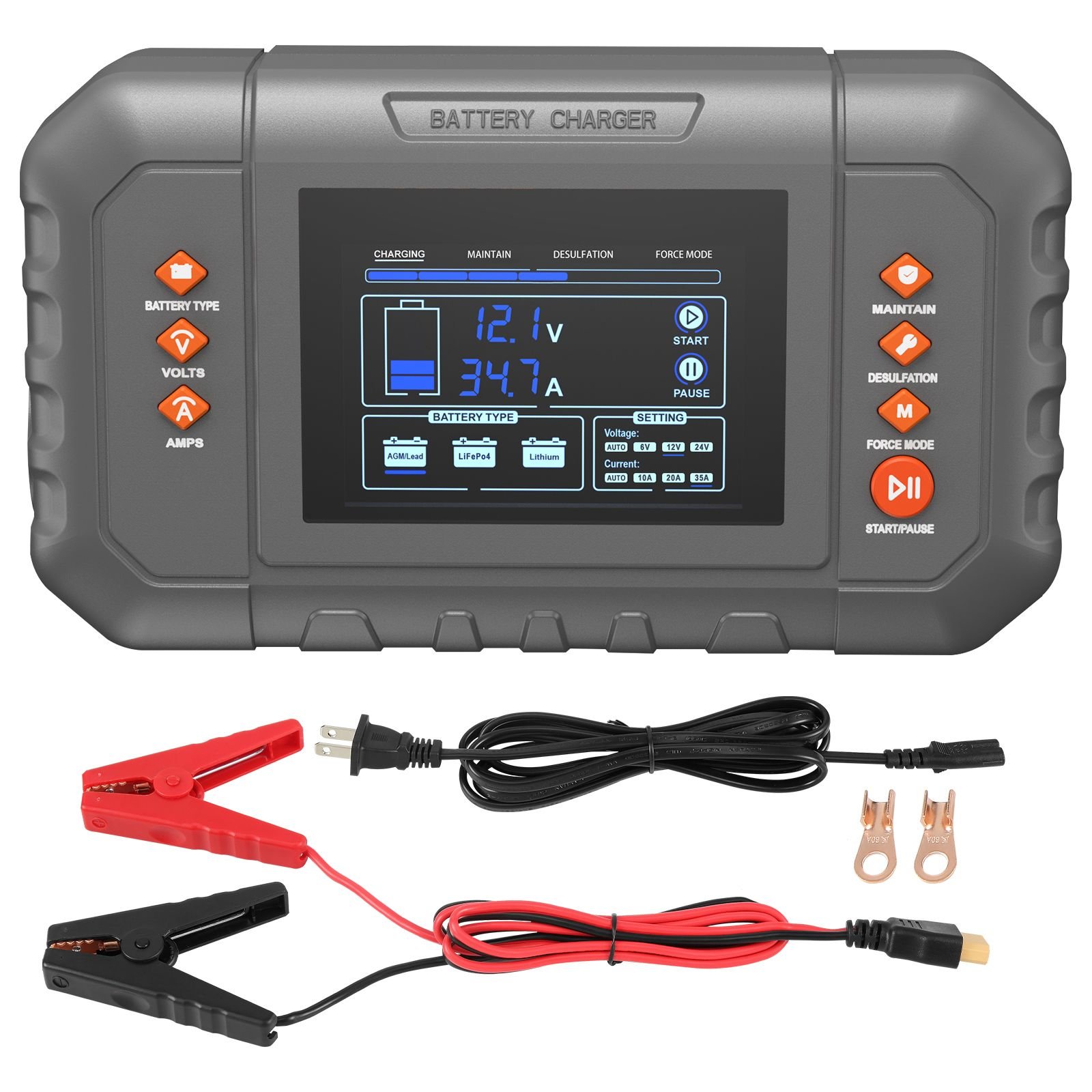 smart battery charger, 35 amp, lithium lifepo4 lead acid (agm / gel / sla) car battery charger with lcd display, trickle charger maintainer desulfator for boat motorcycle lawn mower deep cycle