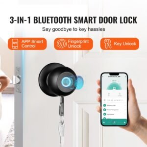 smart door knob, biometric door lock bluetooth smart lock, fingerprint smart lock with app control, easy installation door lock, for home bedrooms, cloakroom, hotels, apartments offices, black