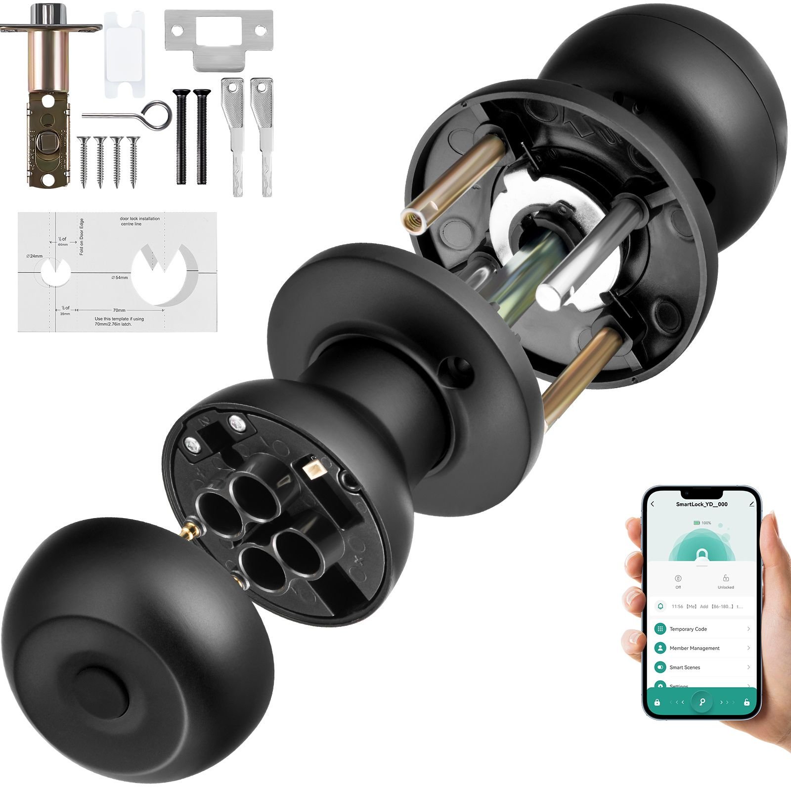 smart door knob, biometric door lock bluetooth smart lock, fingerprint smart lock with app control, easy installation door lock, for home bedrooms, cloakroom, hotels, apartments offices, black