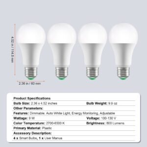 smart light bulbs, 4 pack, 9w multicolor led bulbs, 800 lumens with smart control compatibility for vera, google assistant, amazon alexa, ios, android, rgb color changing