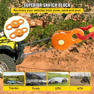 snatch block, 11t/25,000 lbs working load limit, heavy duty winch pulley for 0.55"/14 mm synthetic rope or soft shackles, off road recovery accessories for tractor, truck, atv & utv, 2 packs