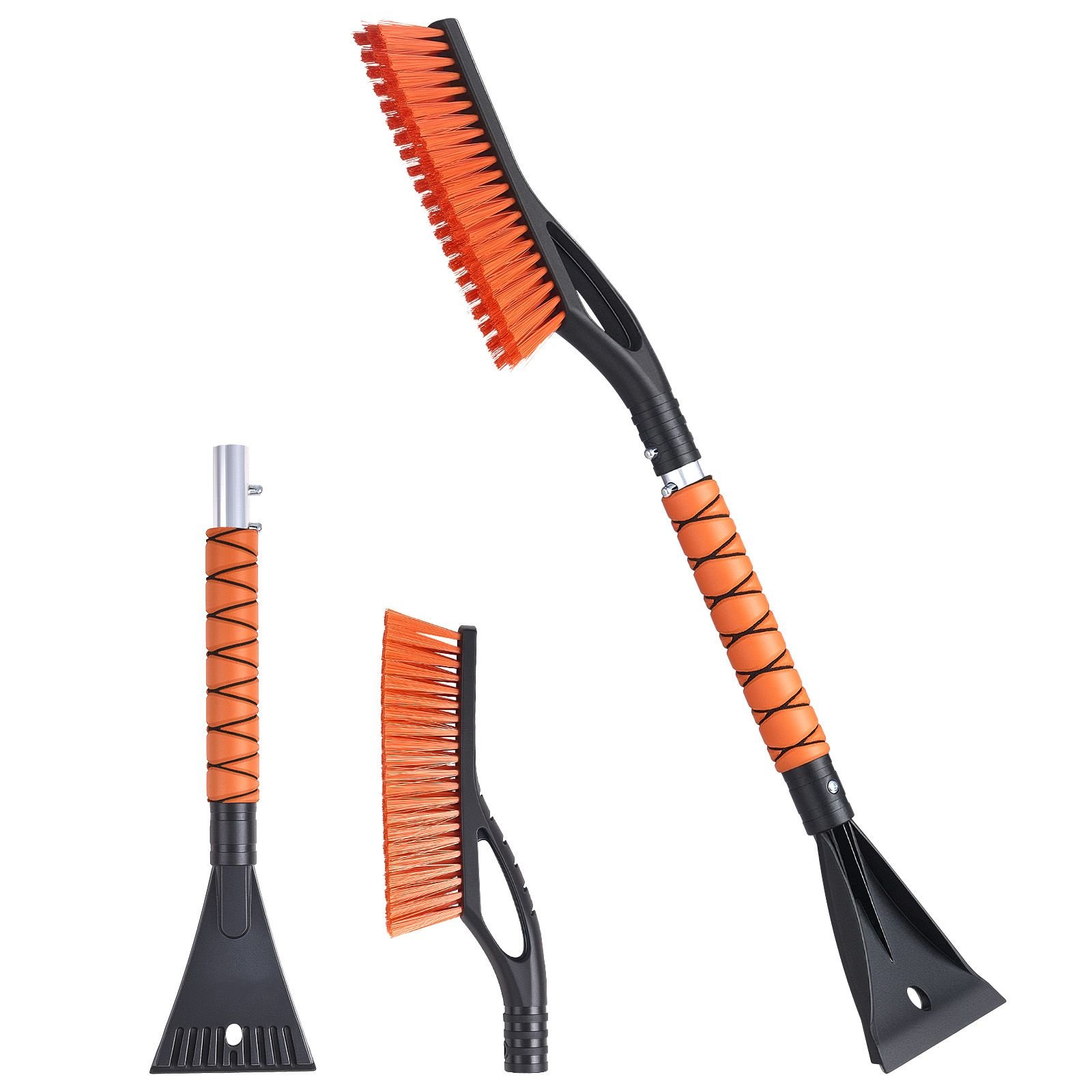 snow brush and ice scrapers for car windshield, 27 inch aluminum snow scraper removal tool with foam grip & scratch free bristles, detachable and easy to carry for cars, trucks, suvs, rvs