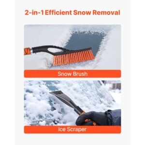 snow brush and ice scrapers for car windshield, 27 inch aluminum snow scraper removal tool with foam grip & scratch free bristles, detachable and easy to carry for cars, trucks, suvs, rvs