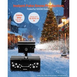 snow machine, 1200w 90° shaking head snow maker with wireless remote control, high output snowmaking machine coverage up to 12 m² for christmas wedding parties stage snowflake effect