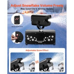 snow machine, 1200w 90° shaking head snow maker with wireless remote control, high output snowmaking machine coverage up to 12 m² for christmas wedding parties stage snowflake effect