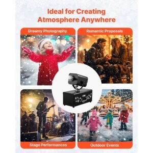 snow machine, 1200w 90° shaking head snow maker with wireless remote control, high output snowmaking machine coverage up to 12 m² for christmas wedding parties stage snowflake effect