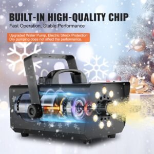snow machine, 800w snow making machine with 8 led rgb lights and remote control, high output snowflake maker stage snow effect for christmas, halloween, wedding, dj parties and valentine's day