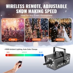 snow machine, 800w snow making machine with 8 led rgb lights and remote control, high output snowflake maker stage snow effect for christmas, halloween, wedding, dj parties and valentine's day