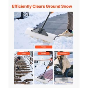 snow pusher shovel, 30 in outdoor snowplow shovel with ergonomic grip, hdpe plastic blade, winter shovels with segmented handle, metal edged strip, portable snow removal tool for driveway garden