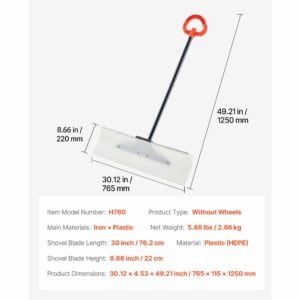 snow pusher shovel, 30 in outdoor snowplow shovel with ergonomic grip, hdpe plastic blade, winter shovels with segmented handle, metal edged strip, portable snow removal tool for driveway garden