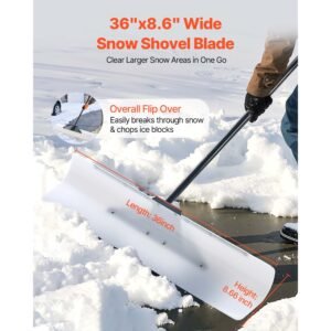 snow pusher shovel, 36 in outdoor snowplow shovel with ergonomic grip, hdpe plastic blade, winter shovels with segmented handle, metal edged strip, portable snow removal tool for driveway garden