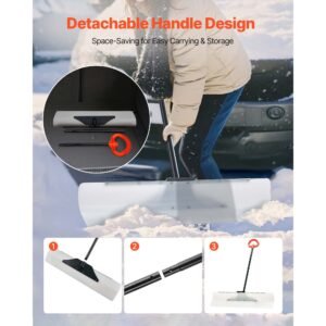 snow pusher shovel, 36 in outdoor snowplow shovel with ergonomic grip, hdpe plastic blade, winter shovels with segmented handle, metal edged strip, portable snow removal tool for driveway garden