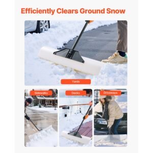 snow pusher shovel, 36 in outdoor snowplow shovel with ergonomic grip, hdpe plastic blade, winter shovels with segmented handle, metal edged strip, portable snow removal tool for driveway garden