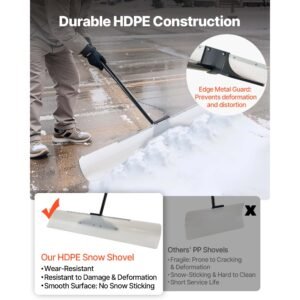 snow pusher shovel, 48 in outdoor snowplow shovel with ergonomic grip, hdpe plastic blade, winter shovels with segmented handle, metal edged strip, portable snow removal tool for driveway garden