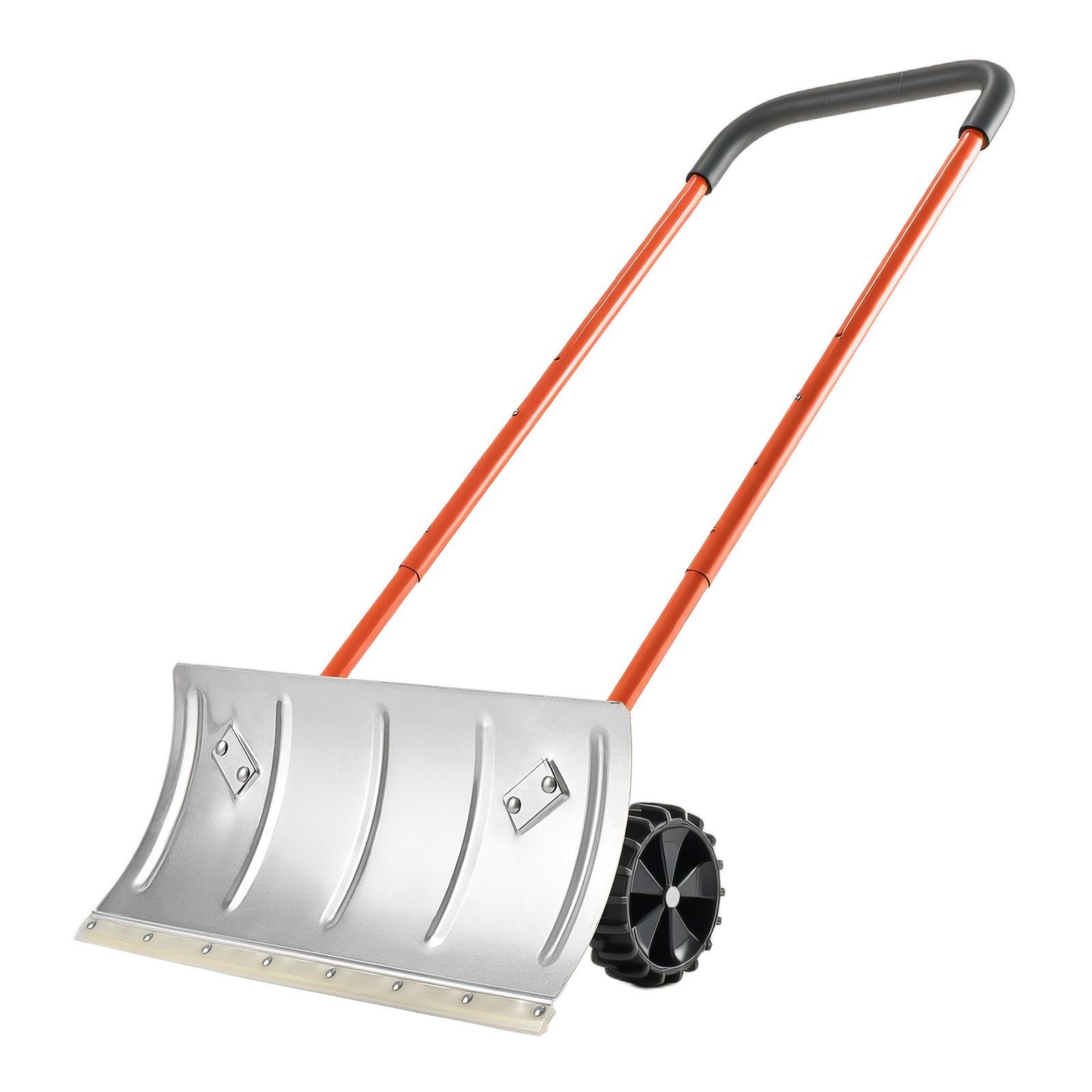 snow pusher shovel with wheels, 24 in wheeled snowplow shovel with bi directional angled blade & 90 degree adjustable handle, metal winter shovels, portable snow removal tool for driveway garden