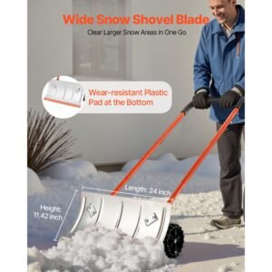 snow pusher shovel with wheels, 24 in wheeled snowplow shovel with bi directional angled blade & 90 degree adjustable handle, metal winter shovels, portable snow removal tool for driveway garden