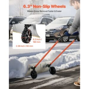 snow pusher shovel with wheels, 24 in wheeled snowplow shovel with bi directional angled blade & 90 degree adjustable handle, metal winter shovels, portable snow removal tool for driveway garden