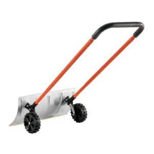 snow pusher shovel with wheels, 24 in wheeled snowplow shovel with bi directional angled blade & 90 degree adjustable handle, metal winter shovels, portable snow removal tool for driveway garden