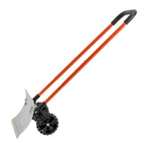 snow pusher shovel with wheels, 24 in wheeled snowplow shovel with bi directional angled blade & 90 degree adjustable handle, metal winter shovels, portable snow removal tool for driveway garden