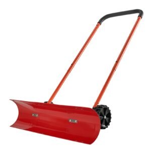 Snow Pusher Shovel with Wheels, 37.8 in Wheeled Snowplow Shovel with Bi-Directional Angled Blade & 90° Adjustable Handle, Durable Plastic Winter Shovels, Portable Snow Removal Tool for Driveway