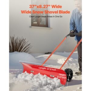 snow pusher shovel with wheels, 37.8 in wheeled snowplow shovel with bi directional angled blade & 90° adjustable handle, durable plastic winter shovels, portable snow removal tool for driveway
