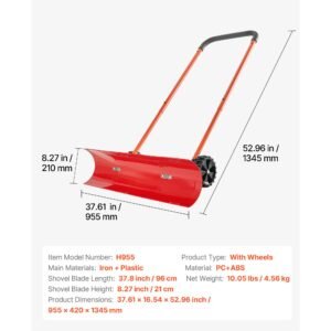 snow pusher shovel with wheels, 37.8 in wheeled snowplow shovel with bi directional angled blade & 90° adjustable handle, durable plastic winter shovels, portable snow removal tool for driveway