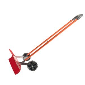 snow pusher shovel with wheels, 37.8 in wheeled snowplow shovel with bi directional angled blade & 90° adjustable handle, durable plastic winter shovels, portable snow removal tool for driveway